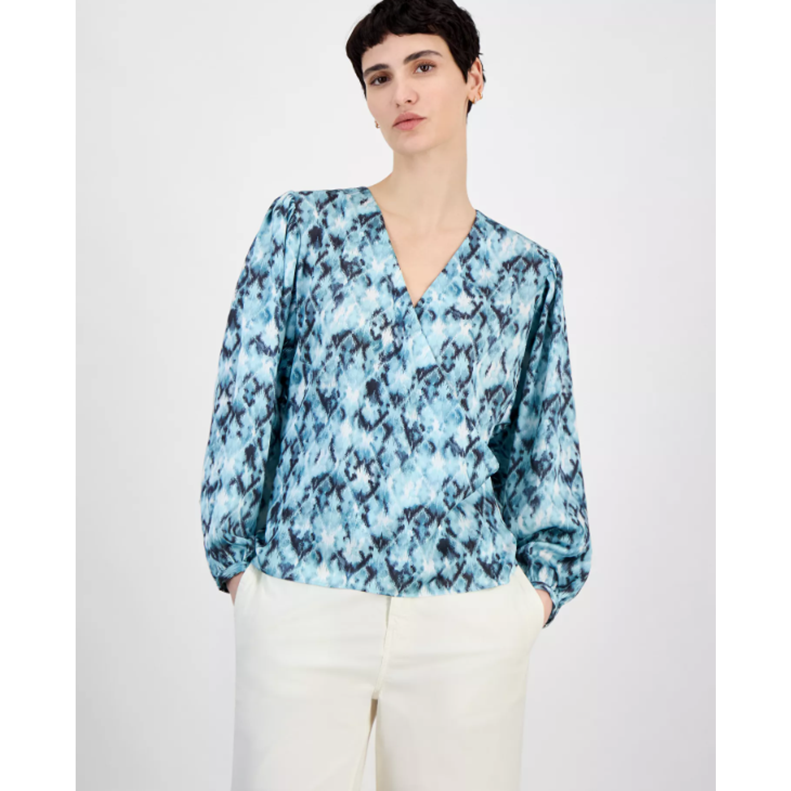 Boss Orange Women's Faux-Wrap Buttoned-Cuff Top Blue Size S 17085